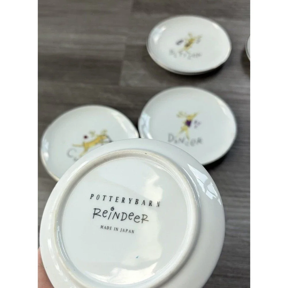 Pottery Barn Reindeer Coaster Plates Set of 6 Silver Rim Christmas Holiday 4”